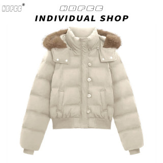 韩系甜美大毛领连帽棉服外套冬季加厚保暖时尚短款棉衣棉袄