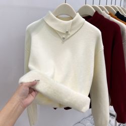 一体绒加厚加绒翻领打底衫女秋冬新款纯色宽松纽扣针织衫百搭毛衣