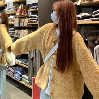 黄色毛衣针织开衫外套女2024年秋季新款设计感小众宽松慵懒风上衣