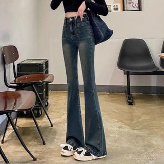 水泥灰微喇牛仔裤女高腰秋季小个子新款弹力时尚外穿微喇裤女