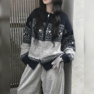 费尔岛雪花针织开衫女宽松双拉链毛衣外套