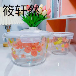 樱花保鲜盒透明贴花玻璃碗汤桶