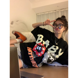 半袖复古圆领洋气印花短袖t恤女夏宽松纯棉潮牌芭比裤搭配的上衣