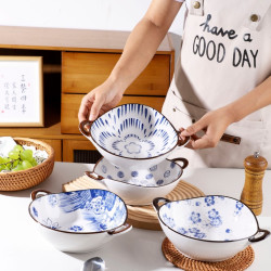 怀贤 双耳汤碗大碗汤盆泡面碗饭碗陶瓷碗家用带釉下彩餐具异形汤碗大号
