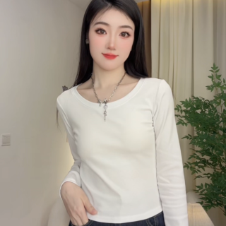 正肩白色T恤女长袖内搭秋冬新款U领春秋打底衫短款修身显瘦上衣