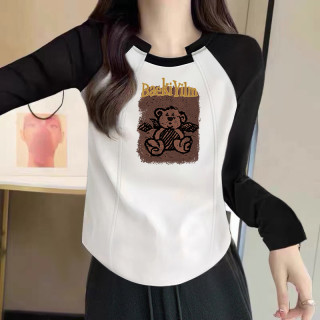 大码胖mm正肩长袖T恤女士秋季撞色插肩袖修身显瘦印花打底衫上衣