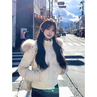 甜美毛茸茸连帽面包服外套女冬季新款短款修身棉袄高级上衣