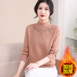 中年妈妈冬装加绒打底衫上衣中老年秋冬季洋气半高领加厚保暖毛衣