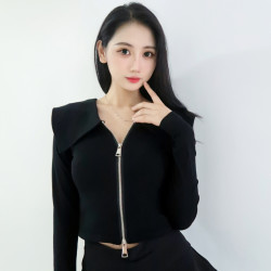 双领拉链长袖T恤设计感秋冬棉弹力显瘦不规则欧美修身上衣高腰女