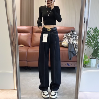高腰弯刀显瘦阔腿牛仔裤女2026春季新款设计感百搭深蓝垂感拖地裤