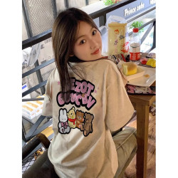 婉如新生 美式T恤女复古卡通减龄纯棉短袖大码oversize潮ins