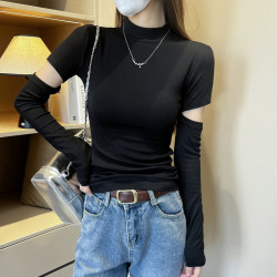 黑色长袖T恤女破洞春秋修身罗纹半高领打底衫内搭紧身显瘦上衣潮