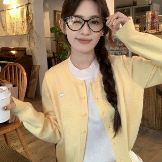 韩系撞色拼接假两件针织衫女春秋气质百搭别致减龄单排扣长袖上衣