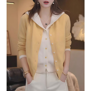 韩版连帽假两件毛衣女秋冬撞色气质针织衫上衣新款减龄百搭设计感