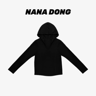美亚恩 NANA连帽纯色鱼骨拼接长袖T恤正肩秋季设计款小众别致A0842