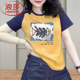 浪莎 女士休闲插肩短袖t恤女夏季新款小众上衣修身显瘦印花内搭
