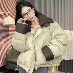 欧货针织翻领短款羽绒服女冬季时尚专柜品质蛋白皮拼接加绒外套