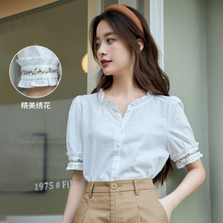 茵曼 26春季百搭显瘦休闲气质设计感短袖女文艺绣花衬衫