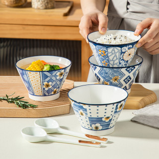 四季蓝花陶瓷碗6英寸家用吃饭碗高颜值斗笠碗创意米饭碗沙拉碗