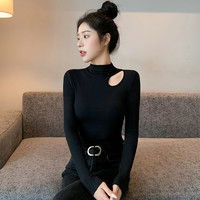 黑色半高领螺纹镂空打底衫女内搭显瘦秋冬修身时尚设计感上衣洋气