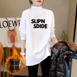 加厚半高领打底衫女中长款冬季保暖上衣韩版宽松白色德绒长袖t恤