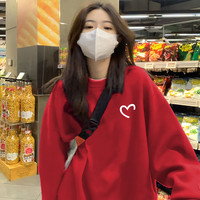 红色卫衣春秋爆款休闲圆领加绒卫衣女2025新款百搭宽松潮牌风卫衣