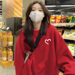 红色卫衣春秋爆款休闲圆领加绒卫衣女2025新款百搭宽松潮牌风卫衣