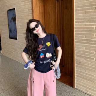 美式原创卡通印花正肩重磅短袖T恤女夏季新款圆领上衣百搭休闲