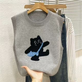 上衣小猫刺绣针织马甲女秋冬减龄百搭毛衣背心马甲背心针织601