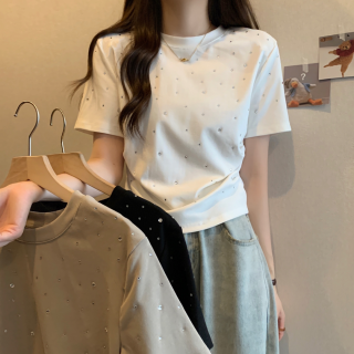 胖mm大码夏季辣妹烫钻正肩圆领短袖t恤设计感小众短款上衣女1443