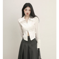 春夏设计师款白色短款衬衫女气质拉链衬衣上衣韩版简约chic衬衣
