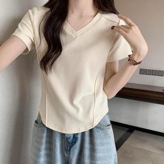 夏季V领正肩短袖T恤女ins风修身纯色露锁骨高档小众短款鱼骨上衣