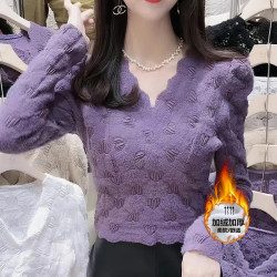 蕾丝打底衫女秋冬季新款韩版磨毛泡泡袖修身显瘦小衫上衣镂空