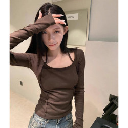 翰代维 设计感拼接挂脖T恤女秋冬新款辣妹磨毛加绒打底衫长袖上衣