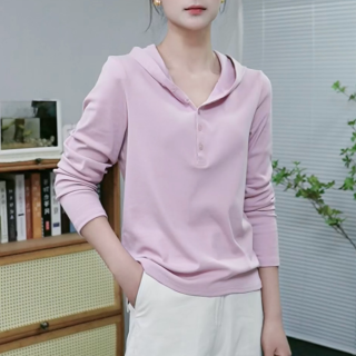 春秋季新款连帽卫衣女宽松显瘦上衣百搭休闲女士纽扣打底长袖T恤