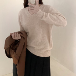 秋冬韩版气质显瘦外穿内搭打底衫V领百搭纯色套头毛衣长袖女上衣