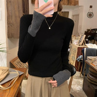 翰代维 拼色半高领毛衣针织衫女秋冬季拼接内搭修身打底衫上衣外穿