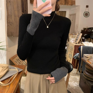 翰代维 拼色半高领毛衣针织衫女秋冬季拼接内搭修身打底衫上衣外穿