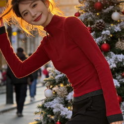 双面德绒半拉链立领长袖T恤女秋冬新款百搭洋气打底衫保暖上衣