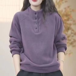 德绒卫衣女士2025秋冬新款纽扣立领宽松大码内搭时尚保暖长袖上衣