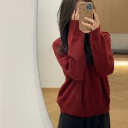 韩系软糯新年红色毛衣女2026春秋新款翻领气质百搭针织衫上衣ins
