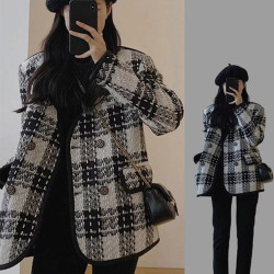 2023新款秋季高级感洋气粗花呢格子小香风短款外套女夹棉厚实上衣