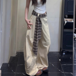 Tolex 夏季新款女美式复古百搭设计感拼接格子松弛感宽松阔腿弯刀拖地裤