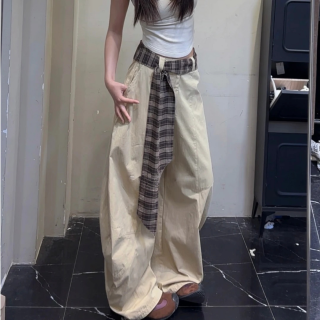 Tolex 夏季新款女美式复古百搭设计感拼接格子松弛感宽松阔腿弯刀拖地裤