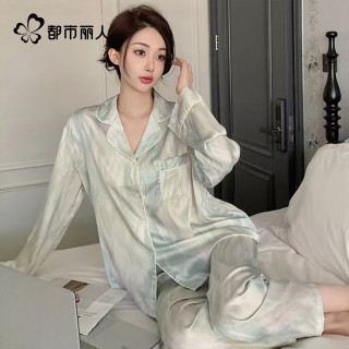 都市丽人 冰丝睡衣女款夏季薄款长袖长裤春秋季仿真丝条纹家居服套装26新款