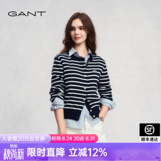 GANT 早秋新款女士航海条纹针织开衫休闲长袖针织上衣 409-藏蓝白条 L