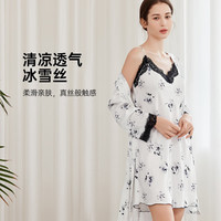 欧迪芬 睡衣女冰丝吊带裙睡袍二件套透气舒适蕾丝宽松家居服XH4724B 香草白 L