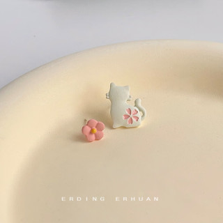 花饰庄园 小清新不对称设计花朵与猫咪烤漆银针耳钉个性甜美耳饰耳环 2153猫咪花朵耳钉
