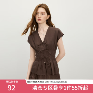 范思蓝恩 摩登蝴蝶结系带收腰衬衫女2025夏连肩袖v领上衣2737 咖啡色 M