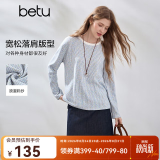 百图 2608T19 彩点竖条纹 蓝色 S码 女士长袖T恤